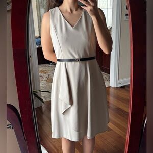 Calvin Klein Cream Asymmetrical Dress with Black Belt